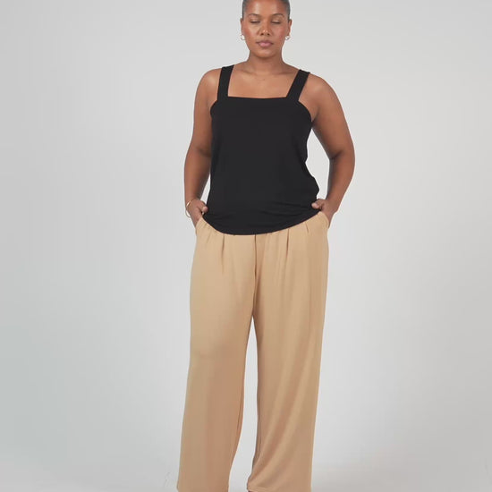 Lou Lou Australia Bamboo Black Sleeveless Top and Tan Wide Leg Pant