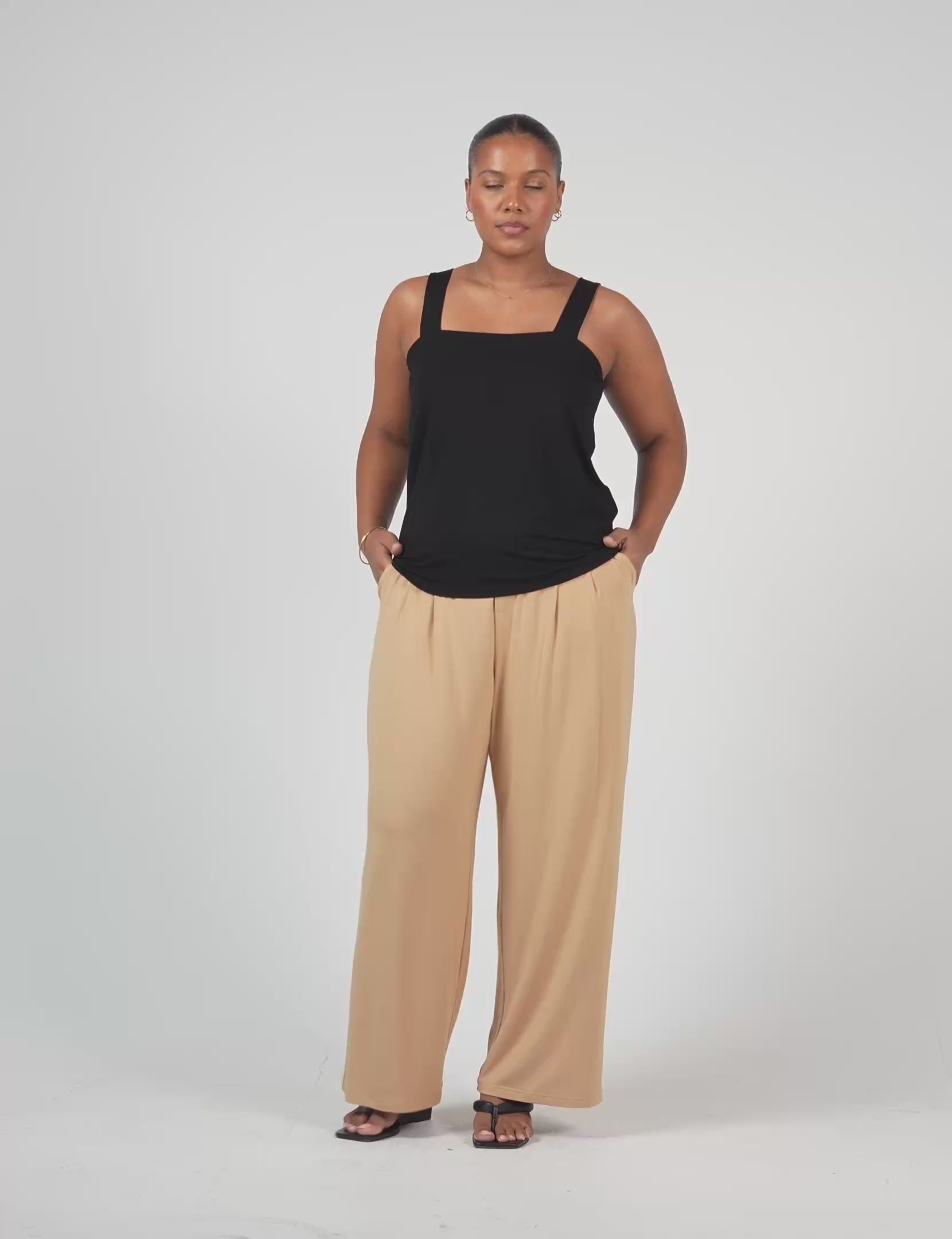 Lou Lou Australia Bamboo Black Sleeveless Top and Tan Wide Leg Pant