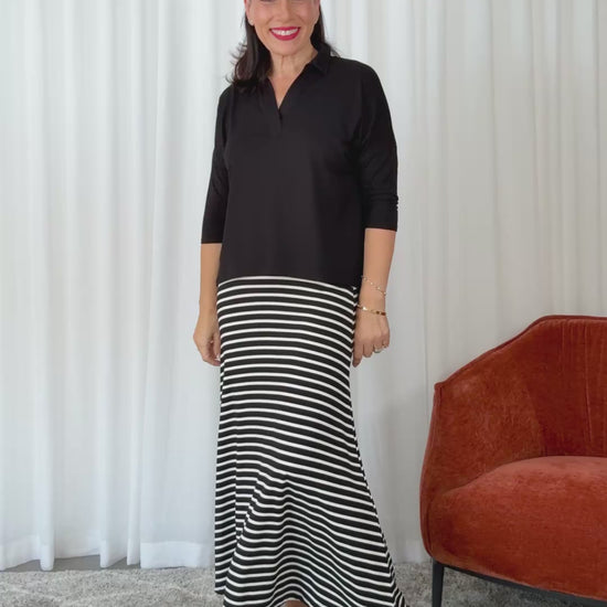 style by rosalinda wearing lou lou australia striped bamboo skirt and polo top