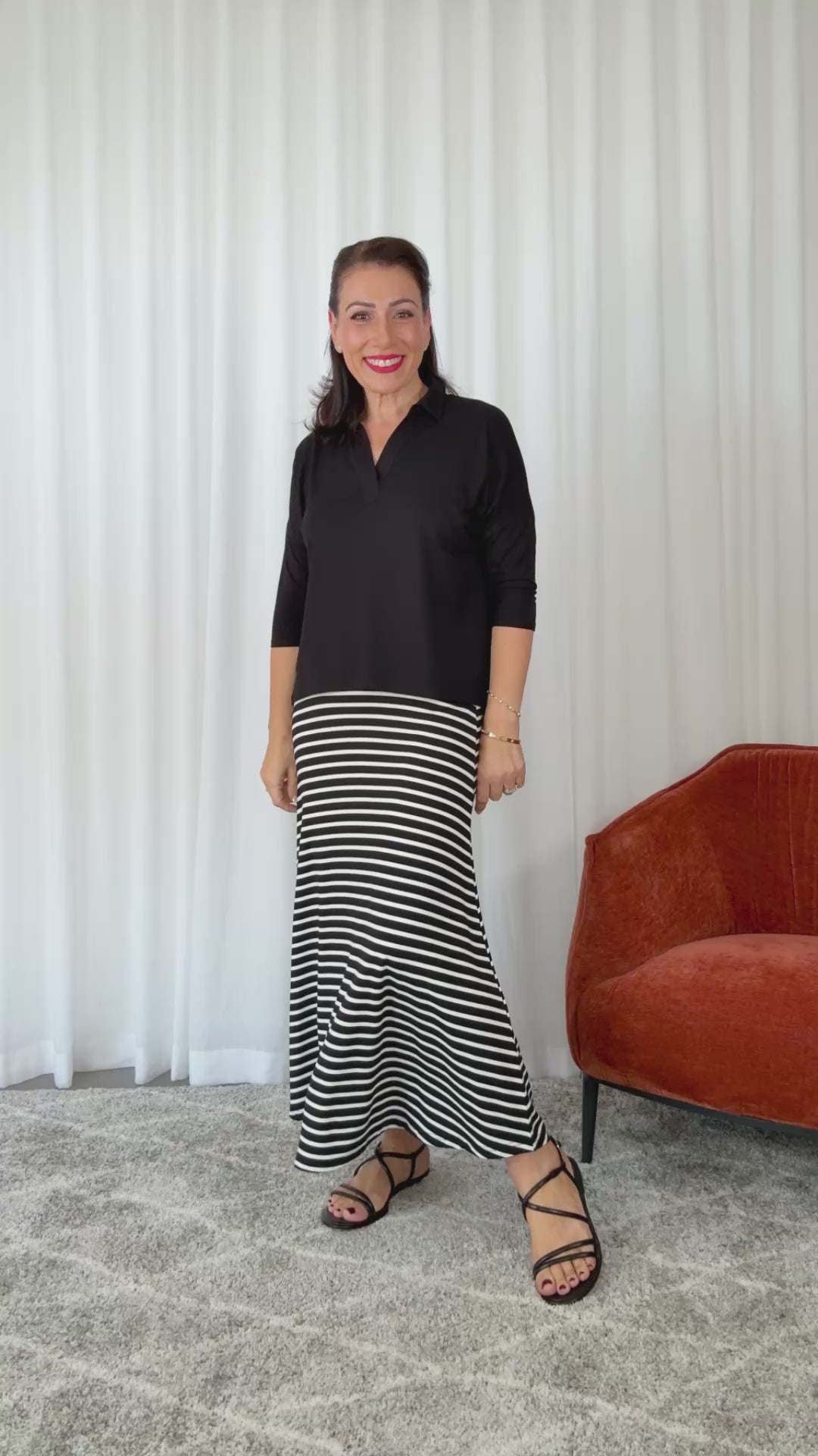 style by rosalinda wearing lou lou australia striped bamboo skirt and polo top