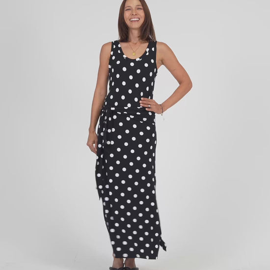 Lou Lou Australia Bamboo Maxi Dress with waist belt Black and white polka dot 