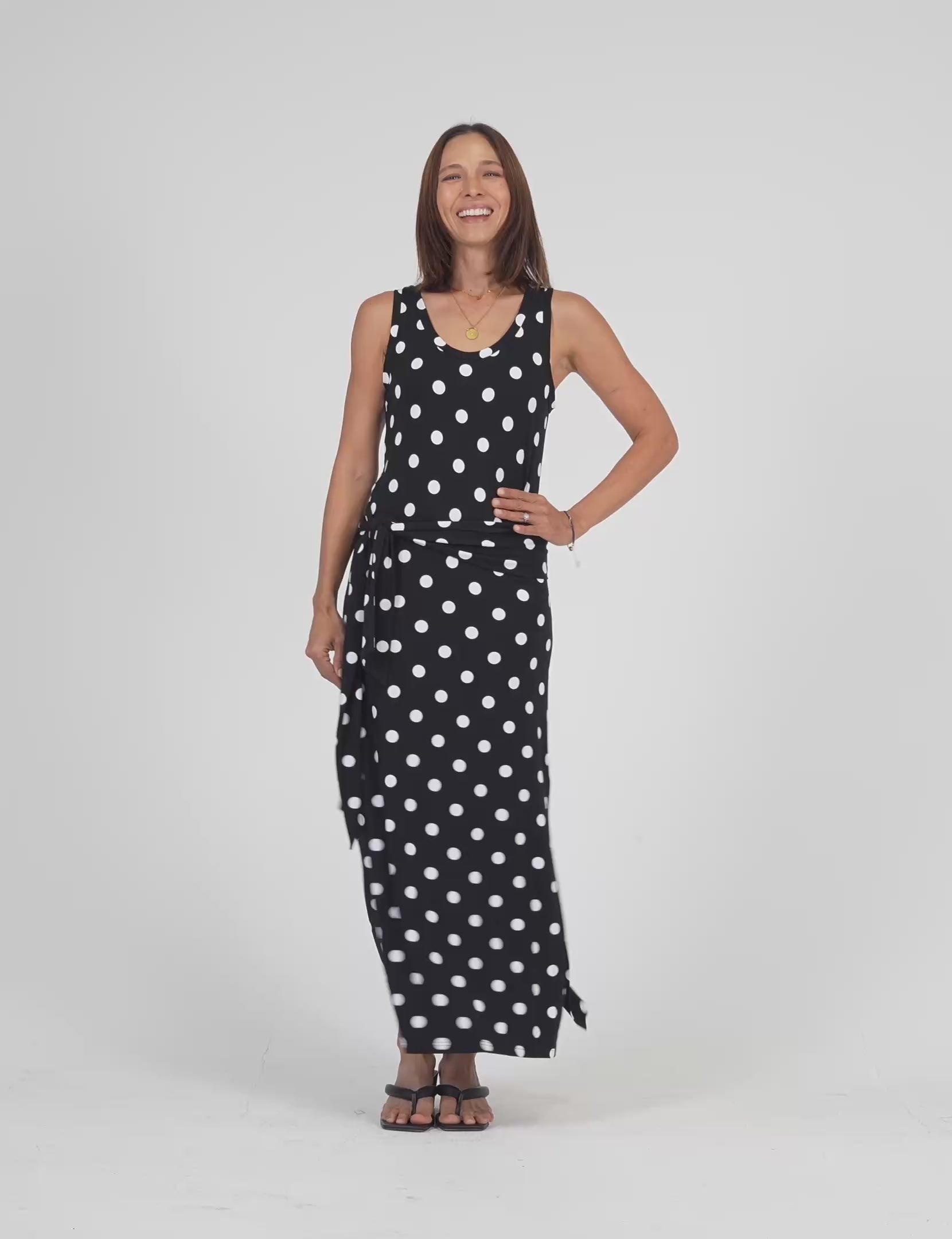 Lou Lou Australia Bamboo Maxi Dress with waist belt Black and white polka dot 