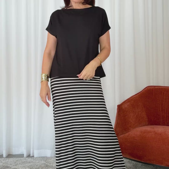 style by rosalinda wearing lou lou australia striped bamboo skirt