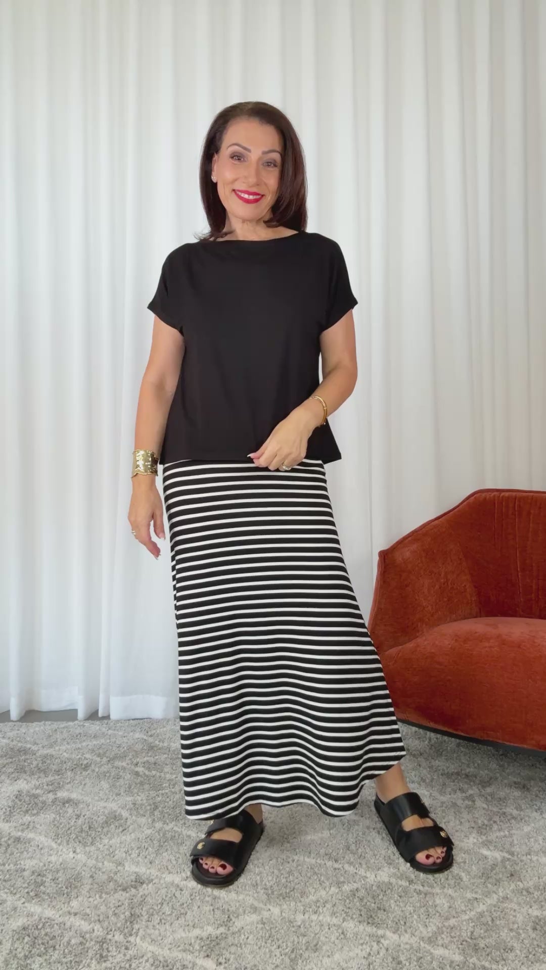 style by rosalinda wearing lou lou australia striped bamboo skirt