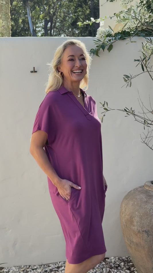 Naomi Bamboo Collared T-Shirt Dress - Plum