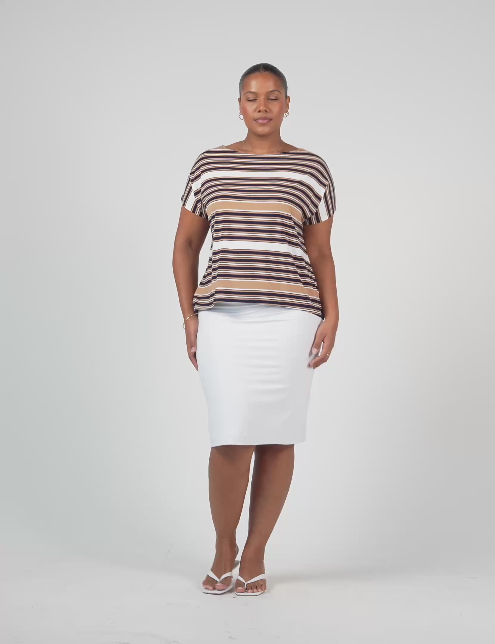 Lou Lou Australia Tan and Navy stripe t shirt and white knee length tube skirt