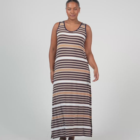 Lou Lou Australia Tan Navy White Stripe Maxi Dress 