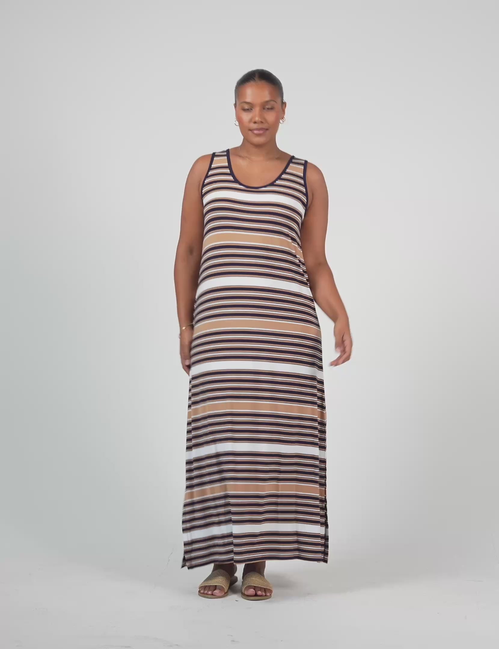 Lou Lou Australia Tan Navy White Stripe Maxi Dress 