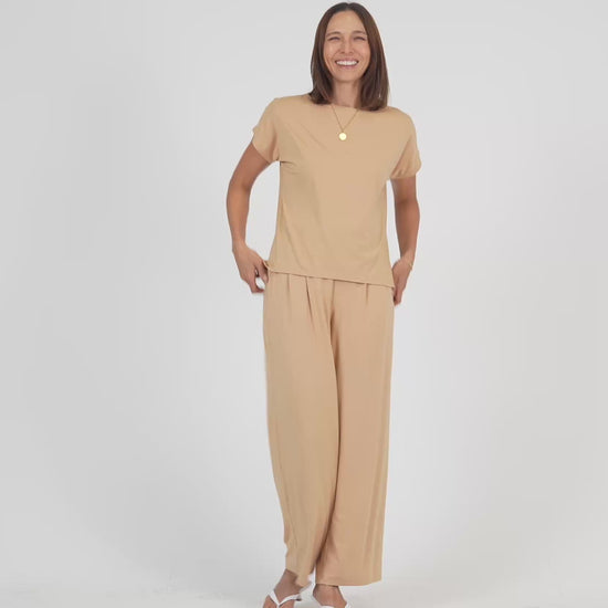 Lou Lou Australia Bamboo Tan T-shirt  and wide leg dress pants 