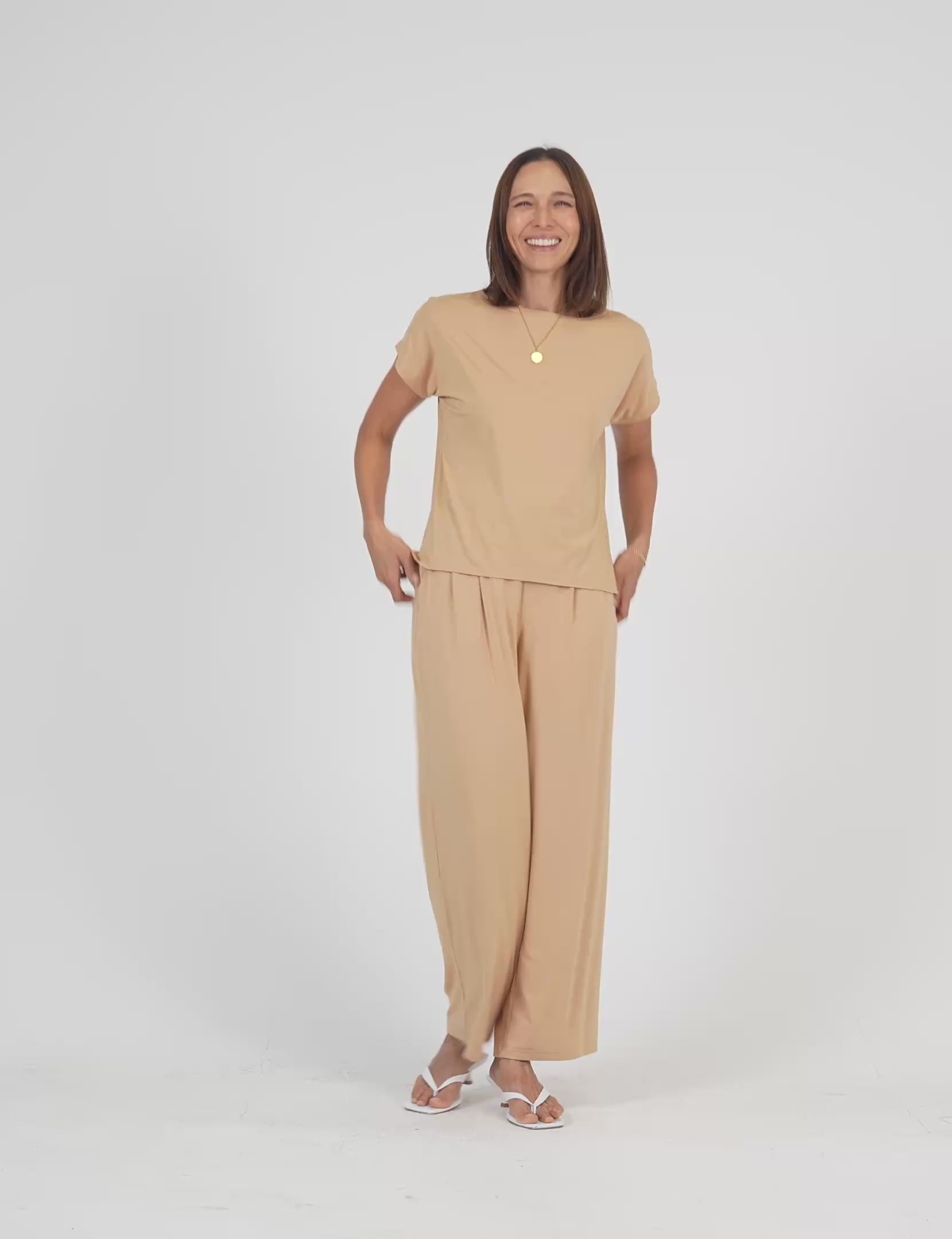 Lou Lou Australia Bamboo Tan T-shirt  and wide leg dress pants 