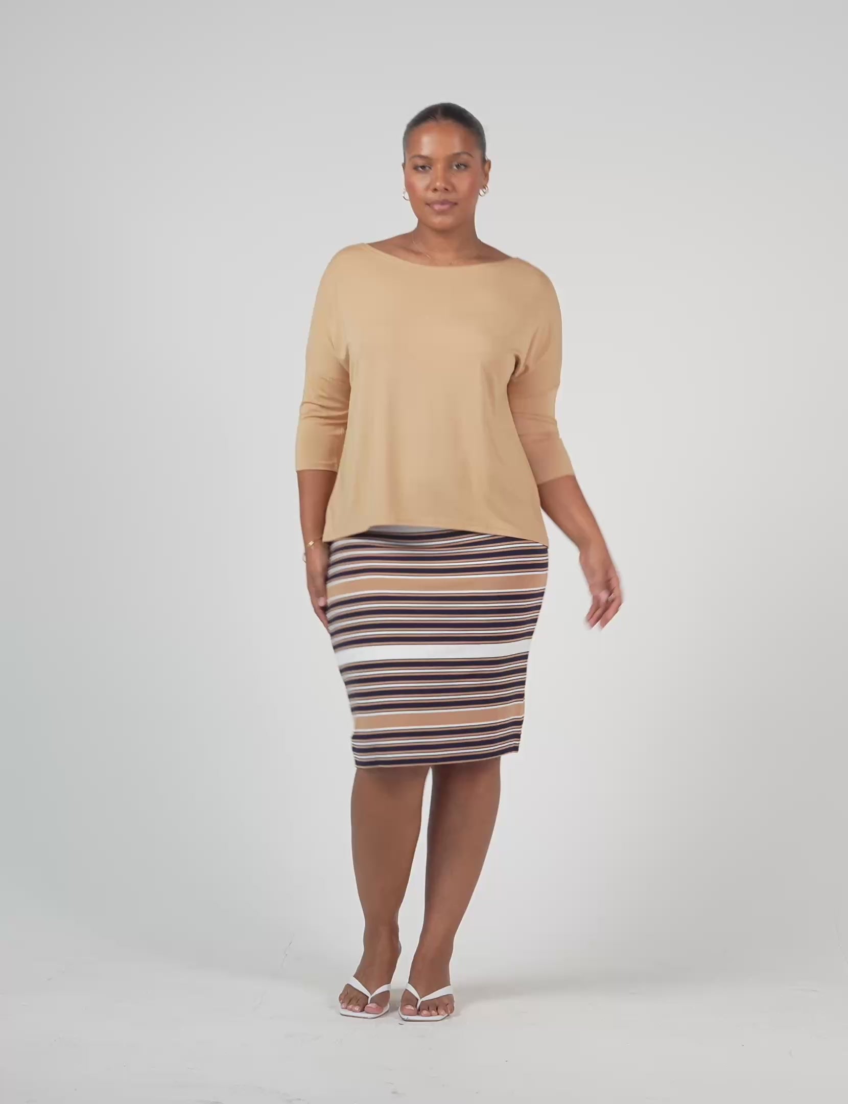 Lou Lou Australia Bamboo Tan 3/4 Sleeve Top and Stripe Tube Skirt
