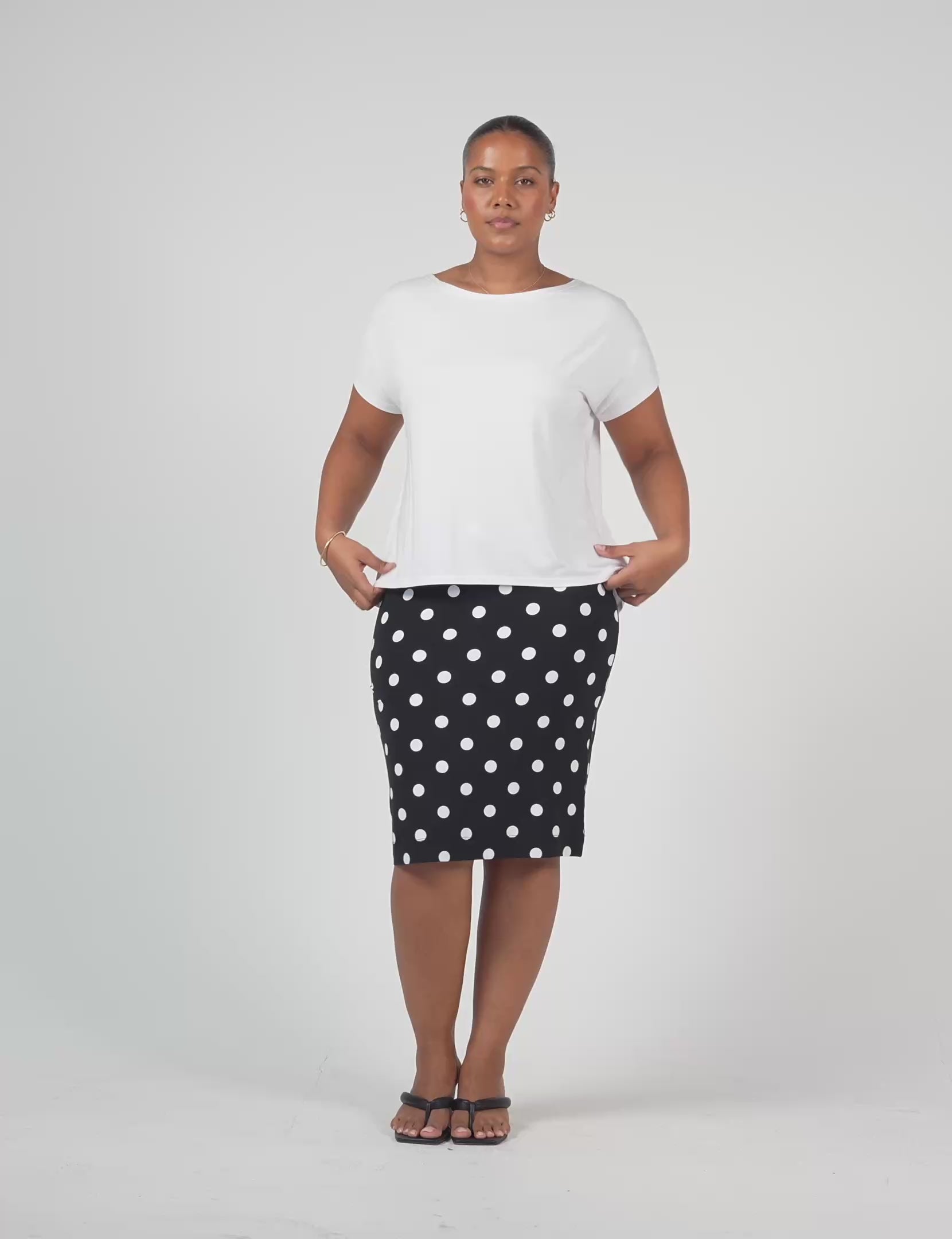 Lou Lou Australia White Bamboo T Shirt and Black and White polka dot  Mdi length  tube skirt