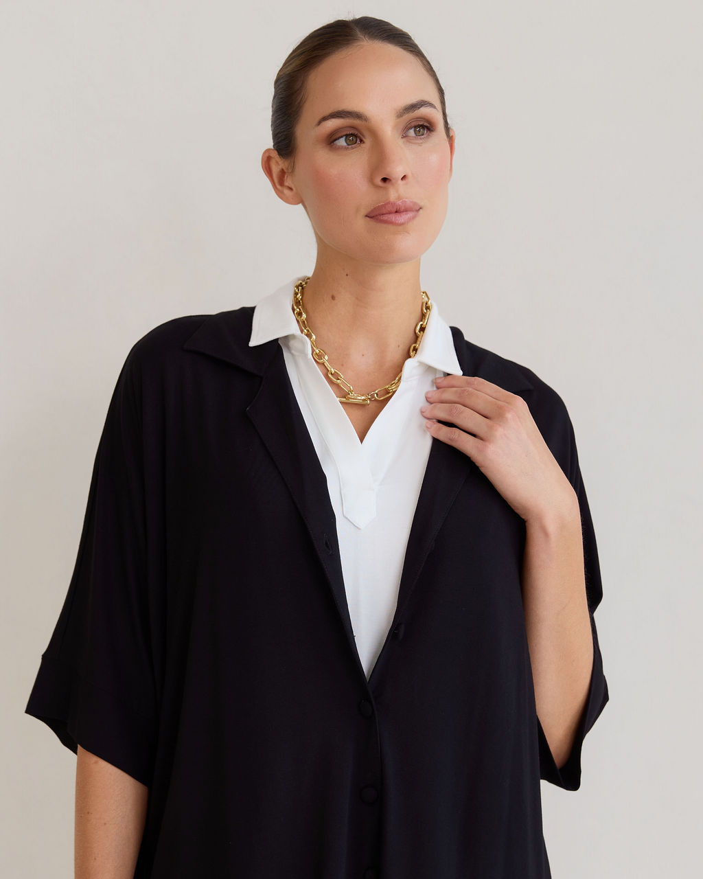 Alanis 3/4 Sleeve Collared Bamboo Shirt - Black